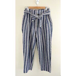 Madewell Women’s Pants Sz 2 Linen Blend Blue White Stripe Paper Bag Waist‎ Tie